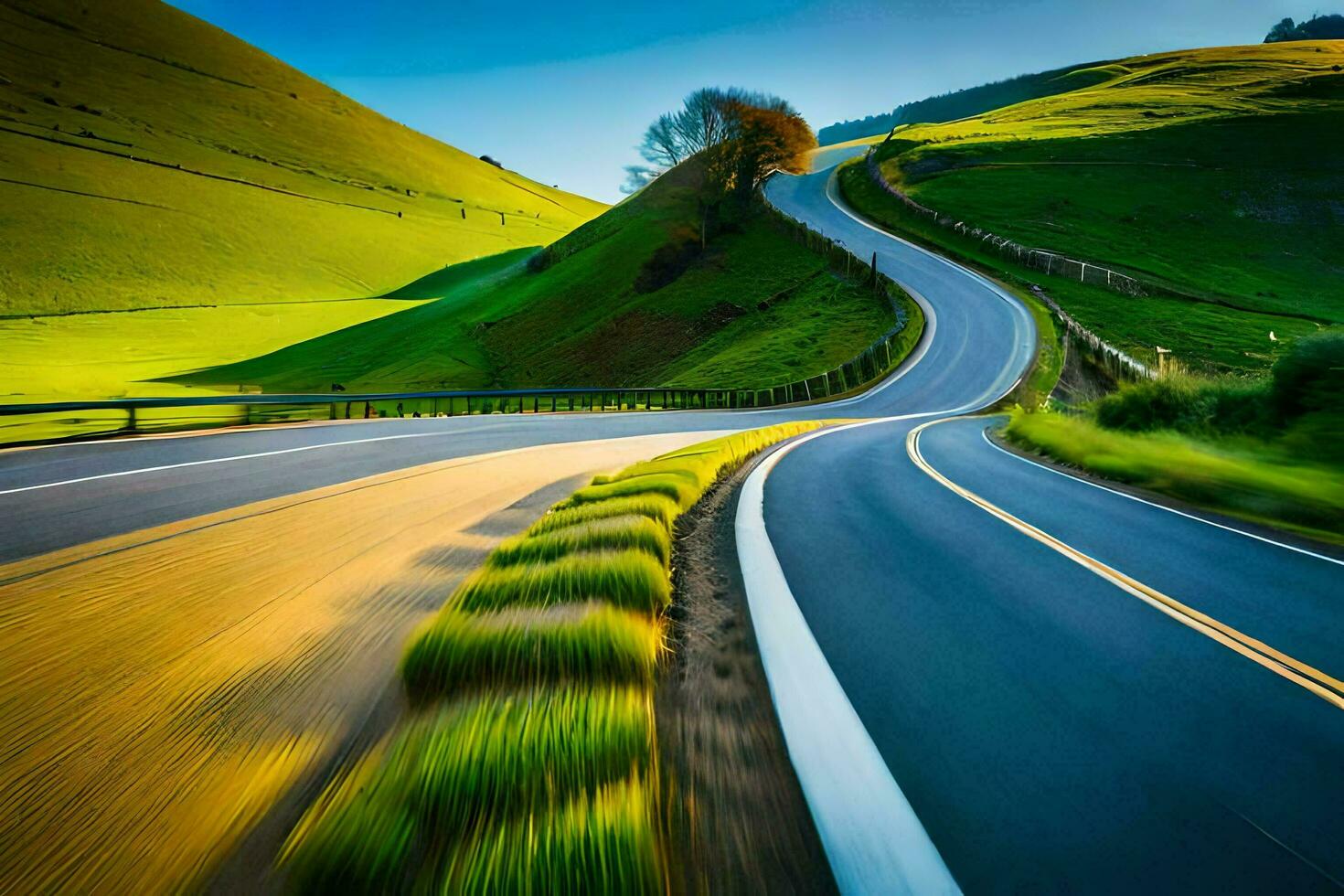 een lang, kronkelend weg in de platteland. ai-gegenereerd foto