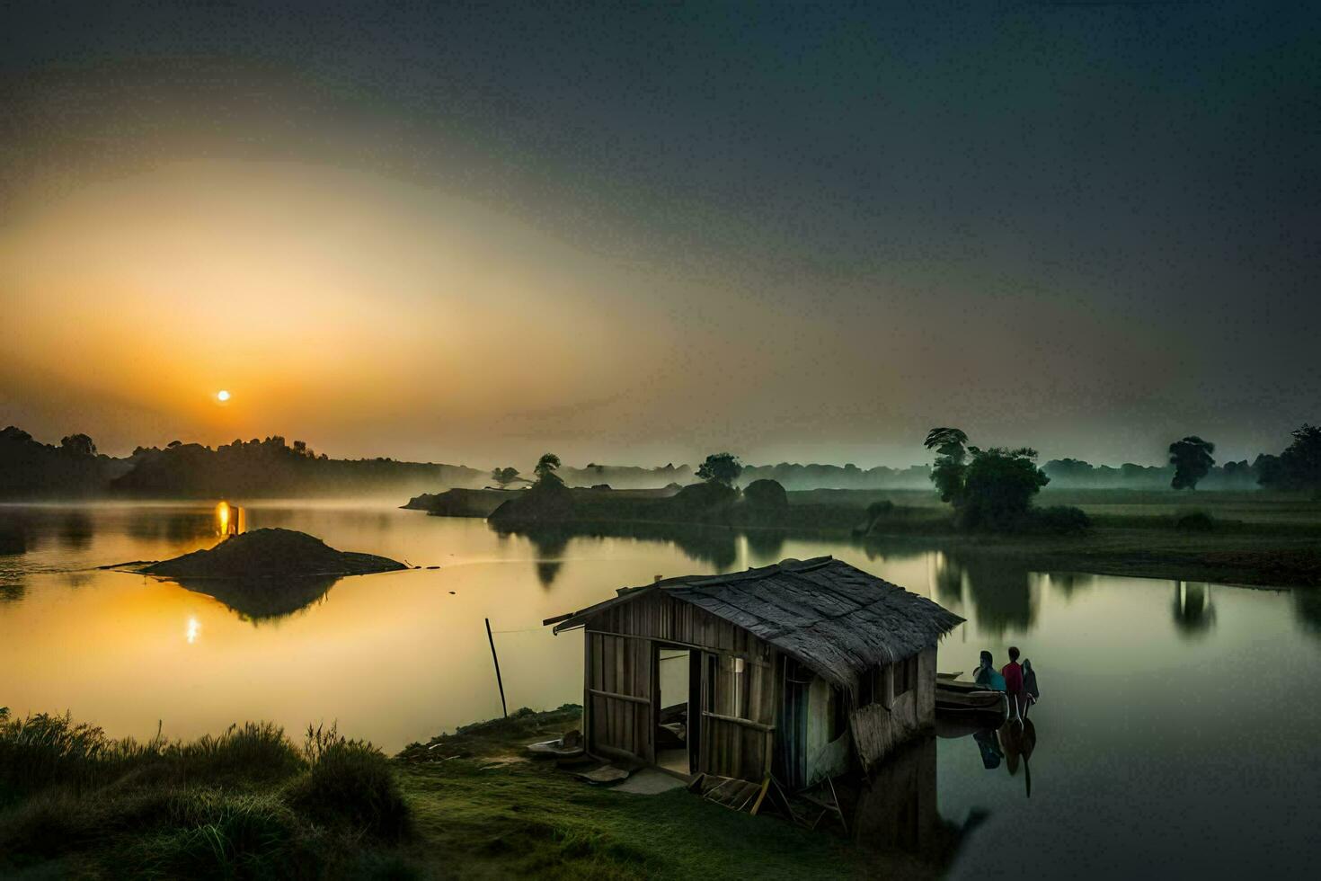 de zon stijgt over- de water. ai-gegenereerd foto