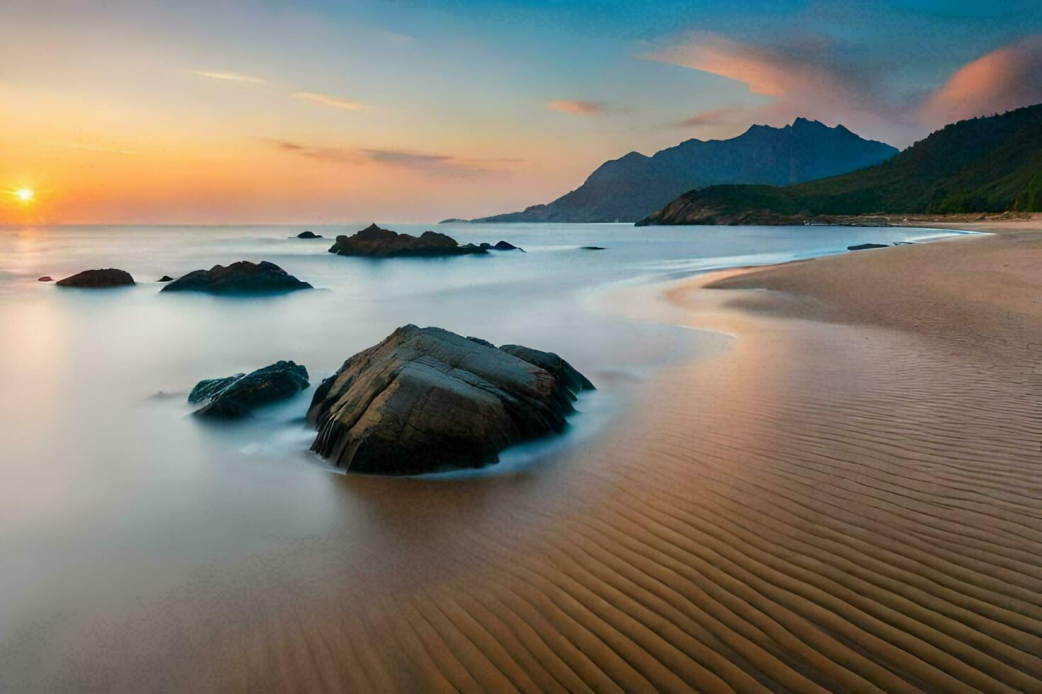 een strand Bij zonsondergang met rotsen en water. ai-gegenereerd foto