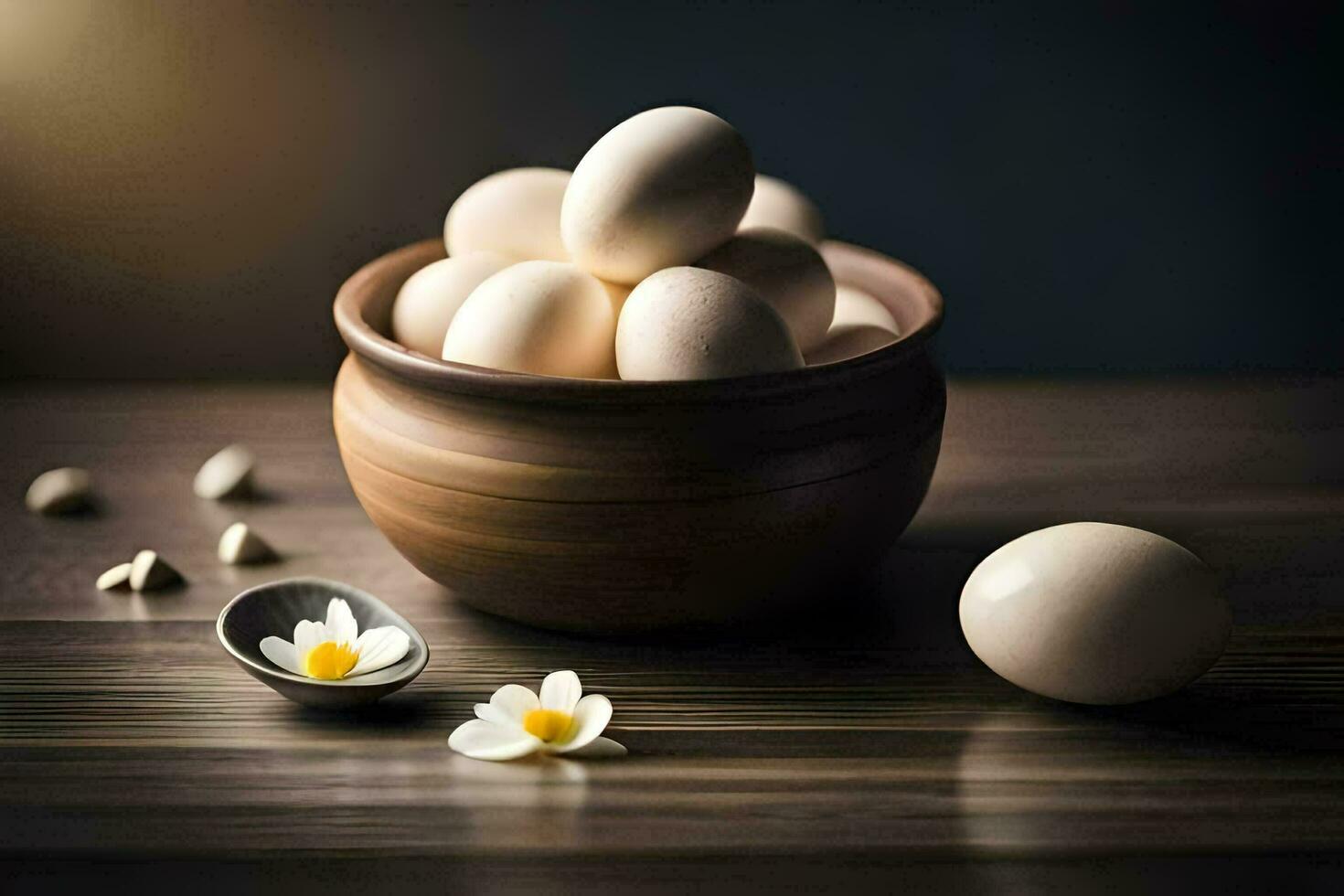 eieren in een kom Aan een tafel met een bloem. ai-gegenereerd foto