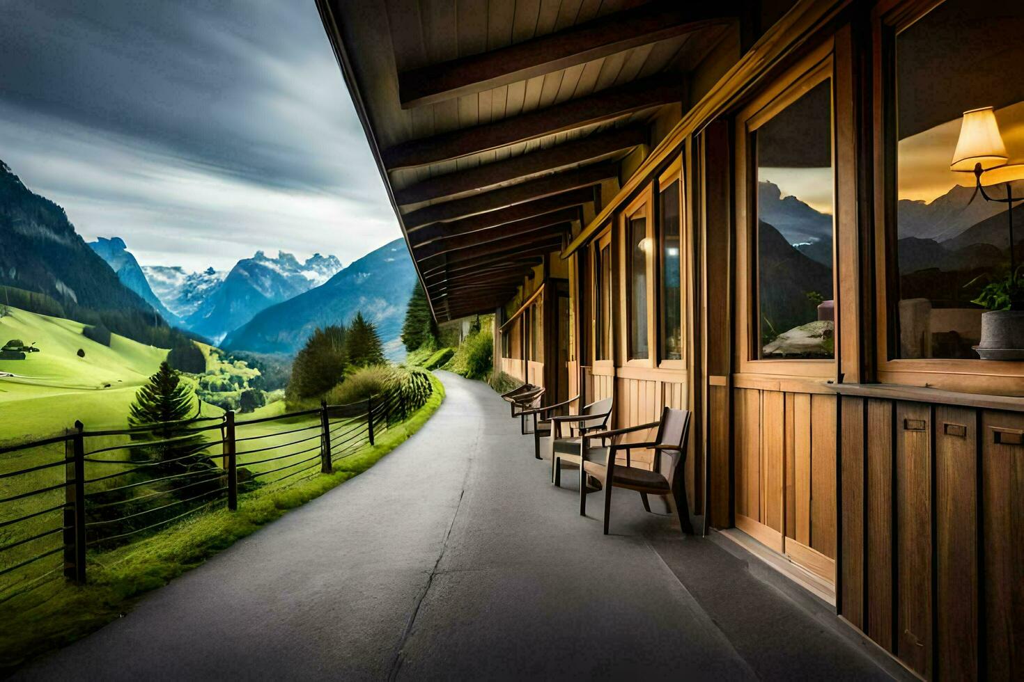 de visie van de balkon van een lodge in de Alpen. ai-gegenereerd foto