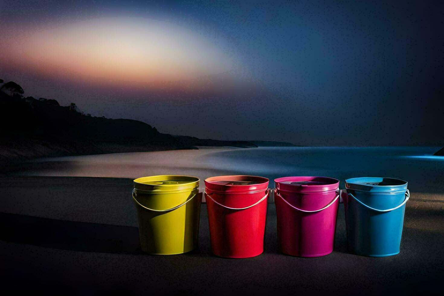 drie kleurrijk emmers zitten Aan de strand Bij nacht. ai-gegenereerd foto