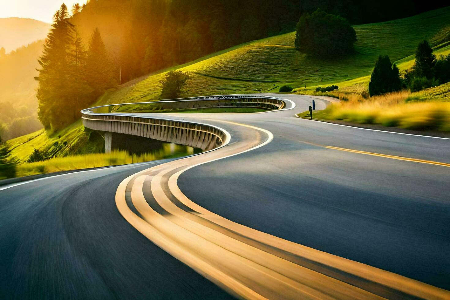 een kronkelend weg in de bergen. ai-gegenereerd foto