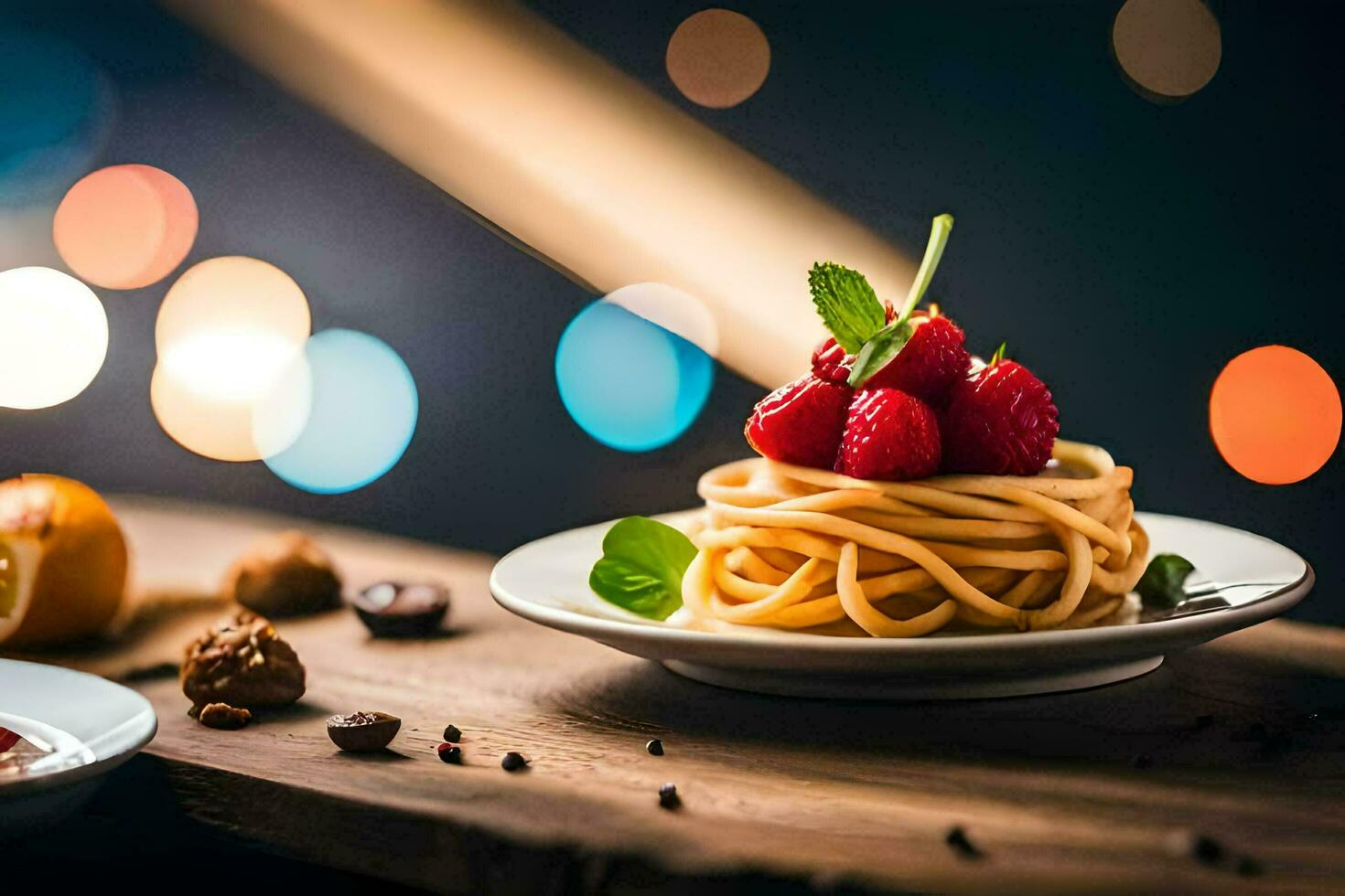 spaghetti met bessen en noten Aan een houten tafel. ai-gegenereerd foto