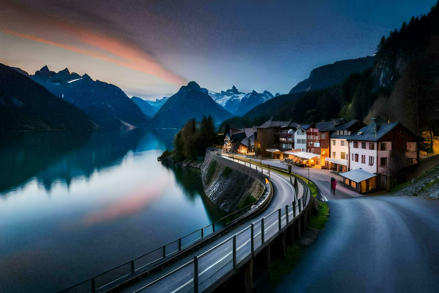 een weg leidend naar een meer en bergen Bij schemering. ai-gegenereerd foto