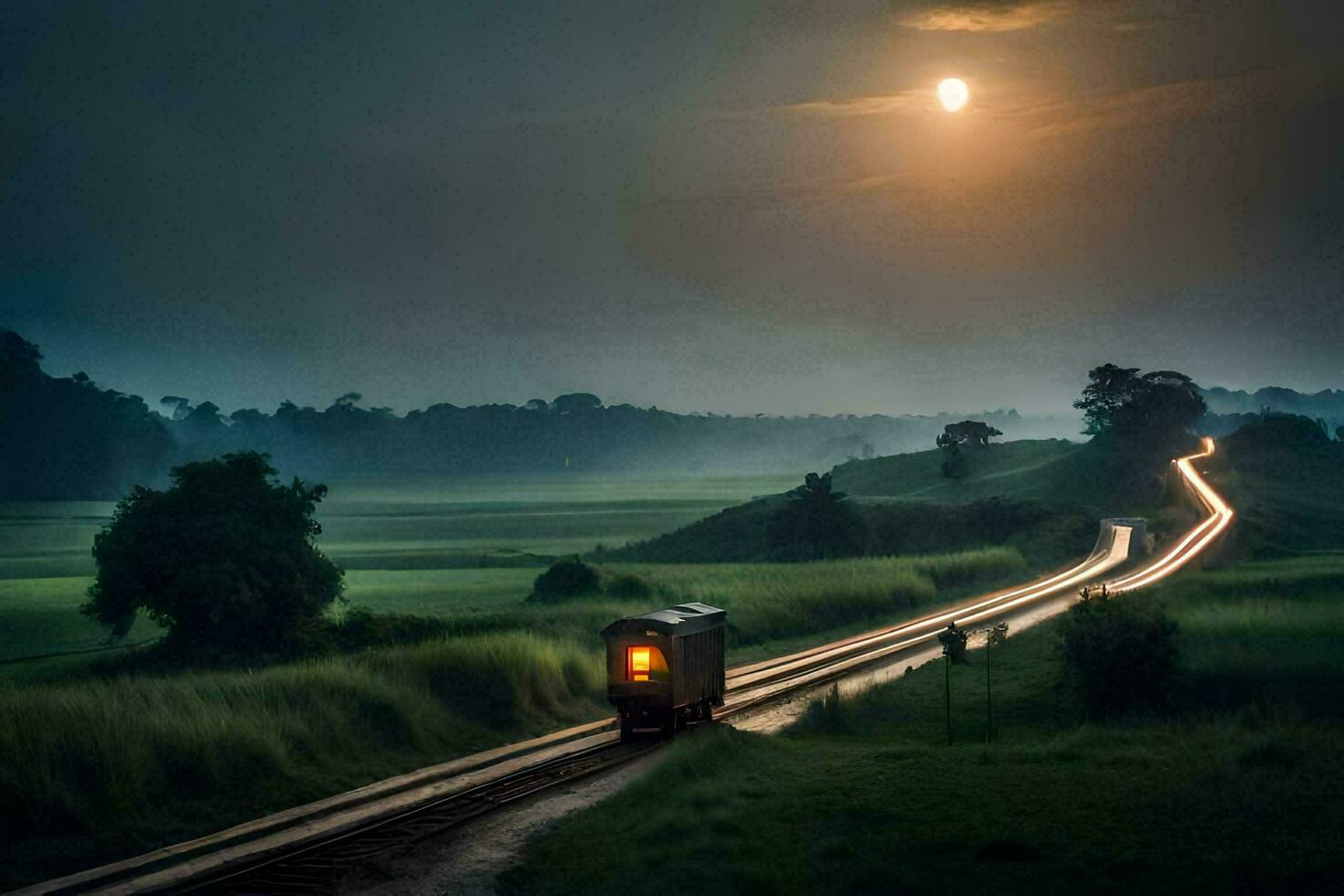 een trein op reis door de platteland Bij nacht. ai-gegenereerd foto
