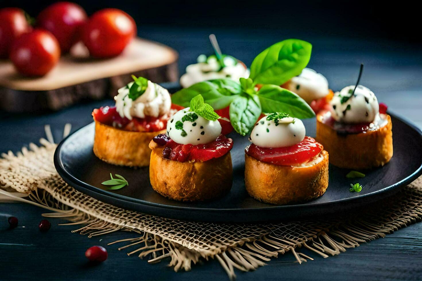 klein voorgerechten Aan een zwart bord met tomaten. ai-gegenereerd foto