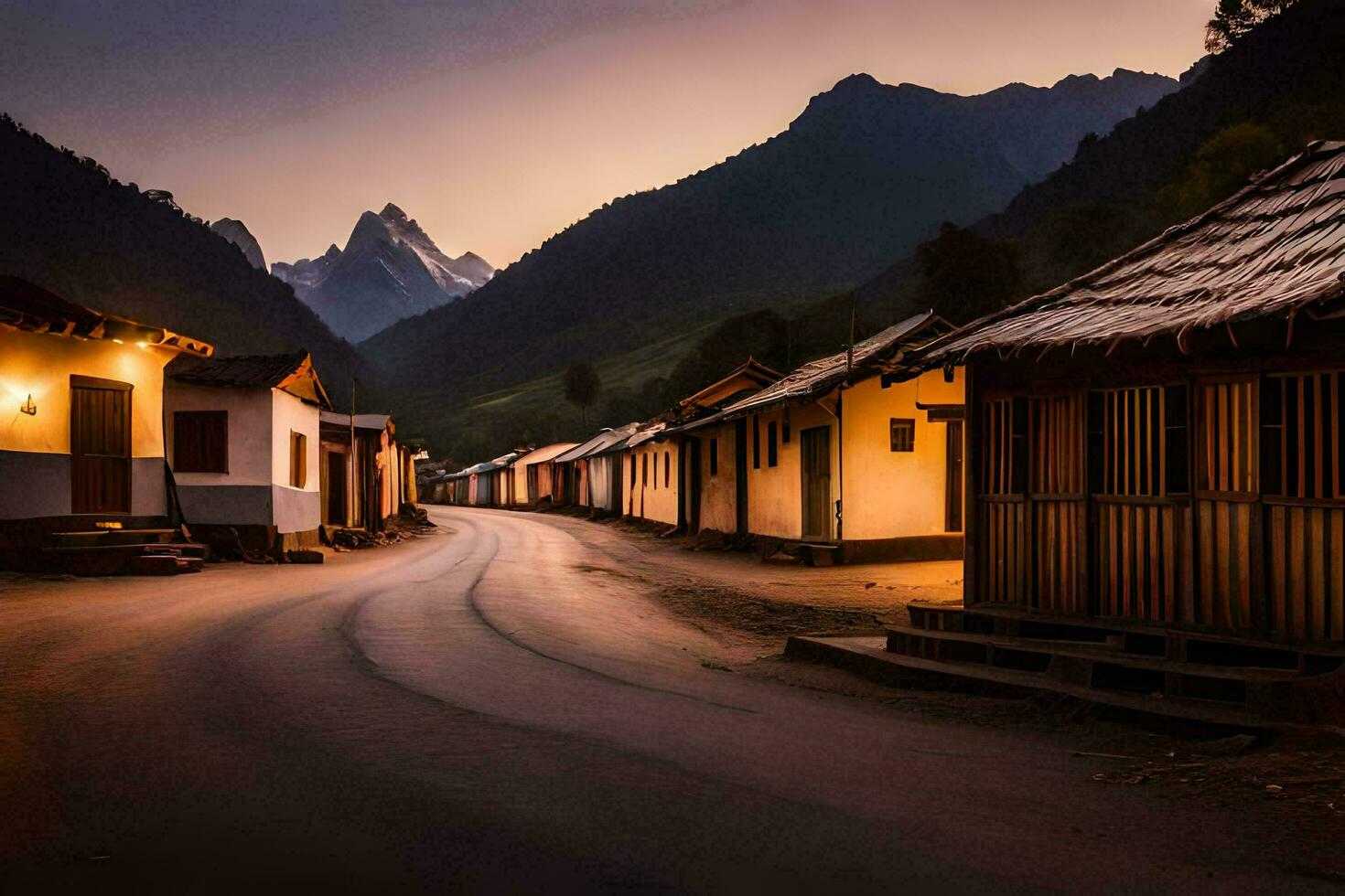 een dorp straat Bij schemer met bergen in de achtergrond. ai-gegenereerd foto