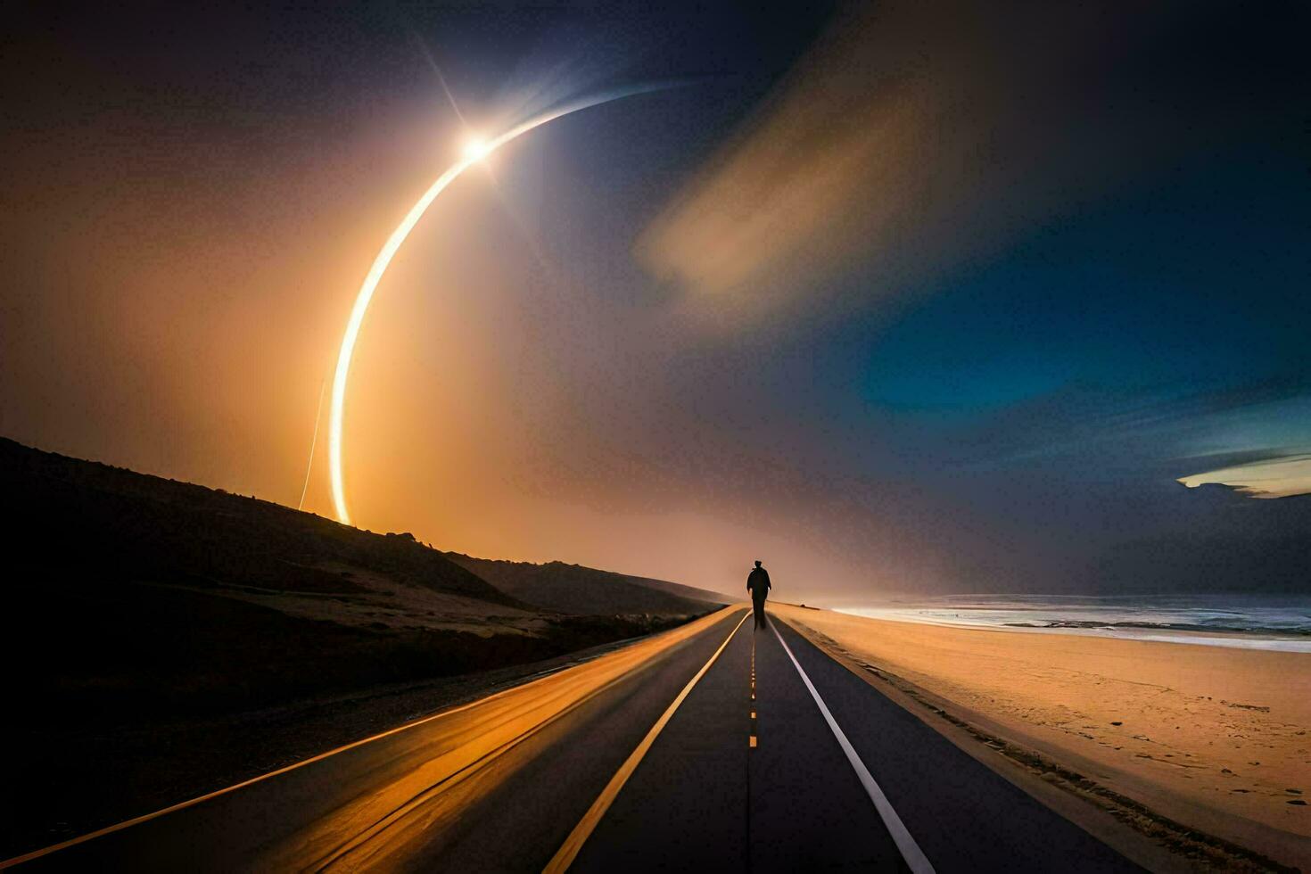 een Mens staand Aan de weg op zoek Bij een raket. ai-gegenereerd foto