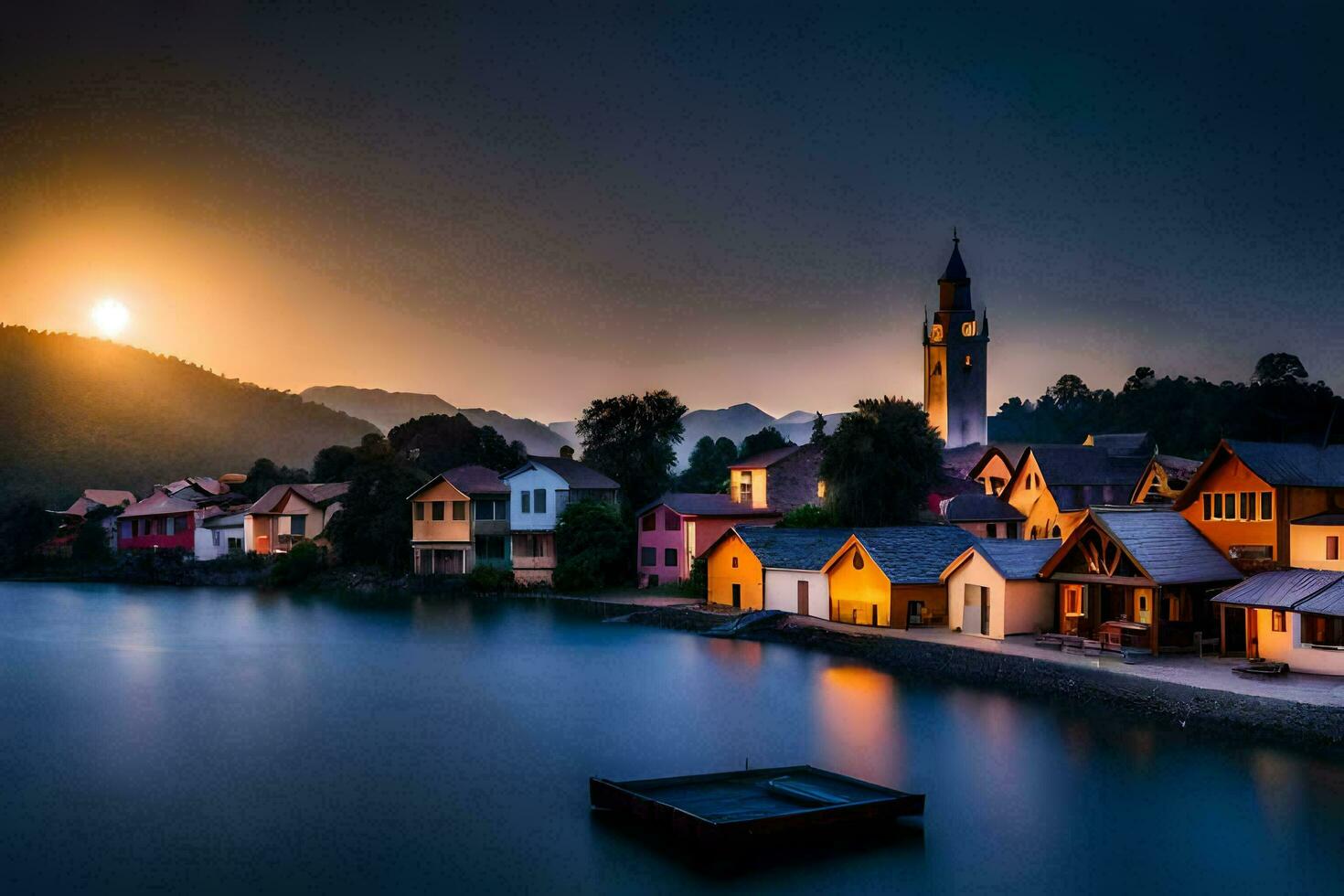 een dorp Bij zonsondergang met een kerk toren in de achtergrond. ai-gegenereerd foto