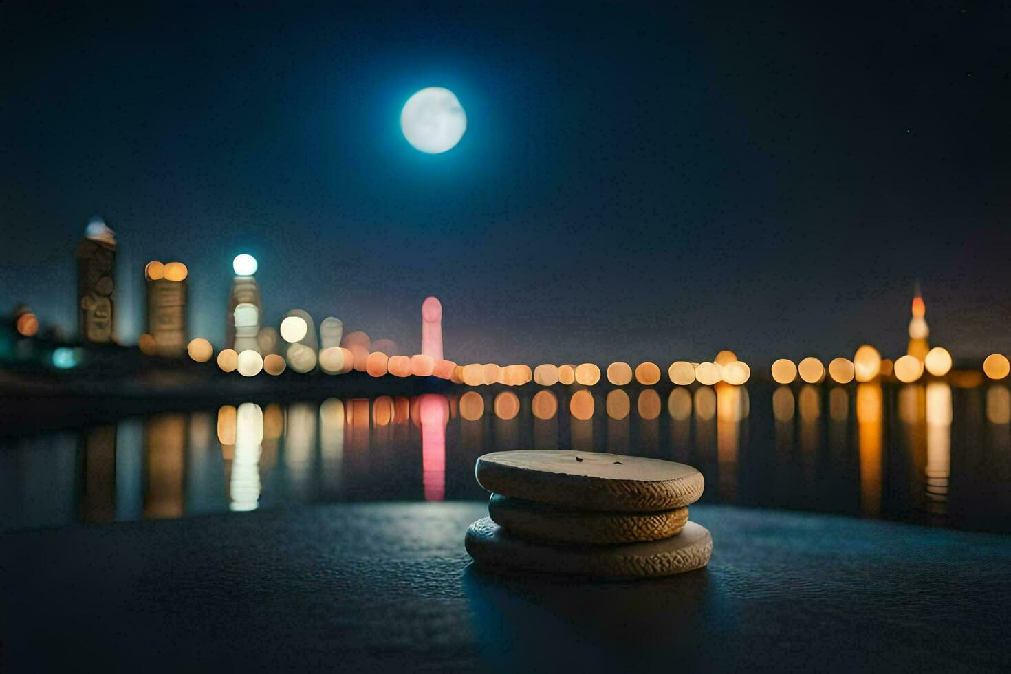 een stack van stenen zittend Aan een tafel in voorkant van een stad Bij nacht. ai-gegenereerd foto