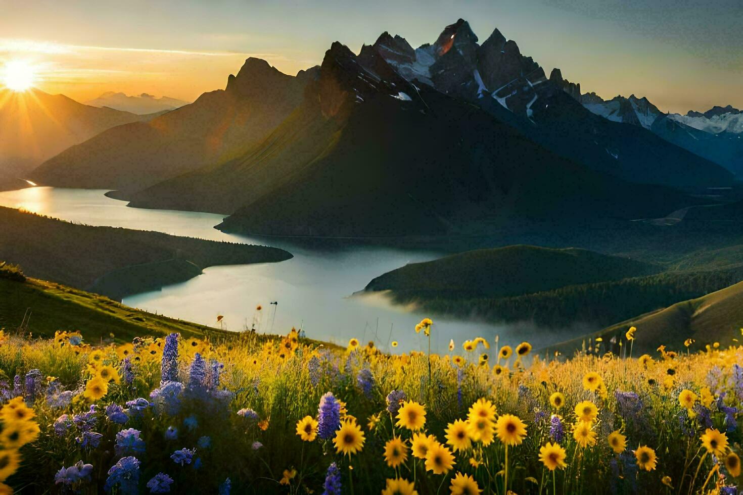 de zon stijgt over- de bergen en meer in deze mooi landschap. ai-gegenereerd foto