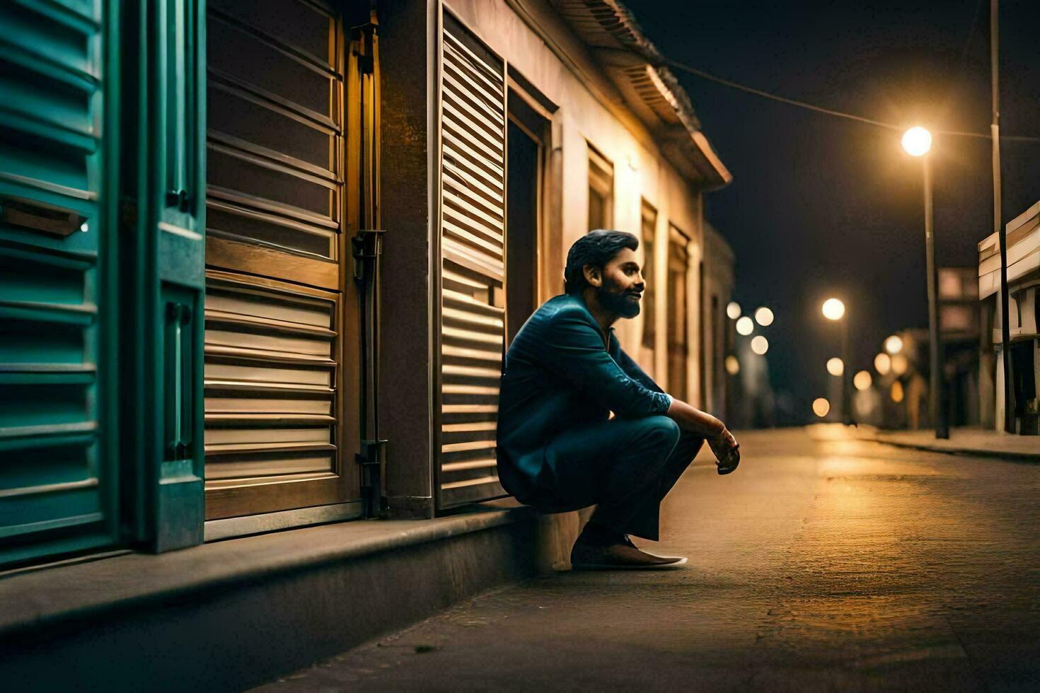 een Mens zittend Aan de straat Bij nacht. ai-gegenereerd foto