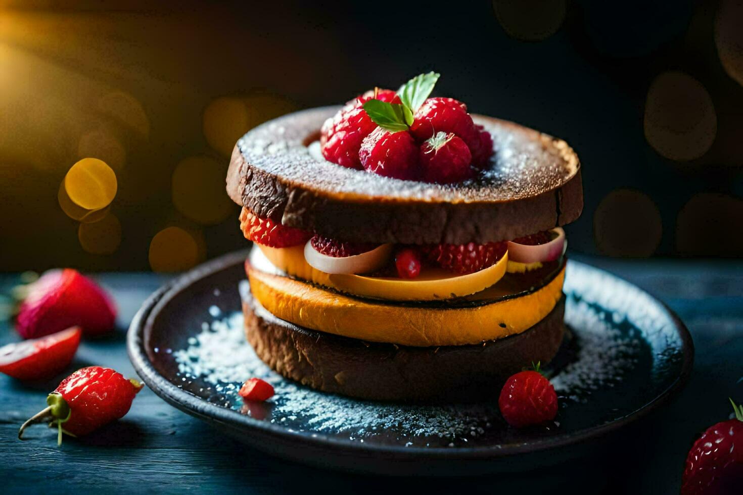 een chocola taart met aardbeien en frambozen. ai-gegenereerd foto