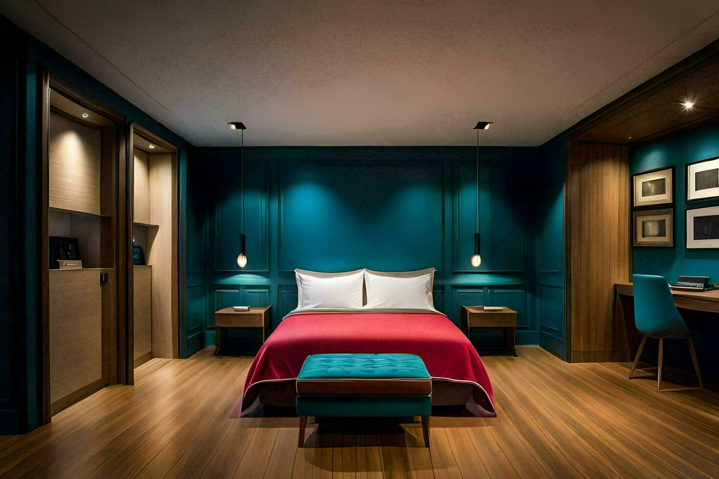 een hotel kamer met een bed, bureau en stoel. ai-gegenereerd foto