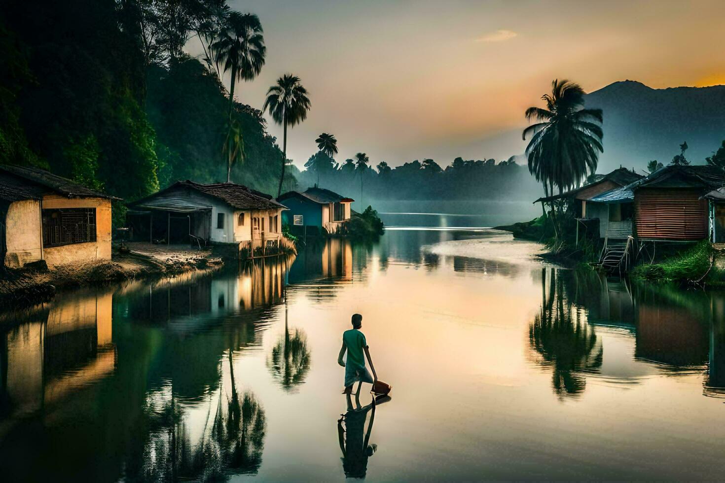 een Mens is wandelen aan de overkant een rivier- met huizen in de achtergrond. ai-gegenereerd foto