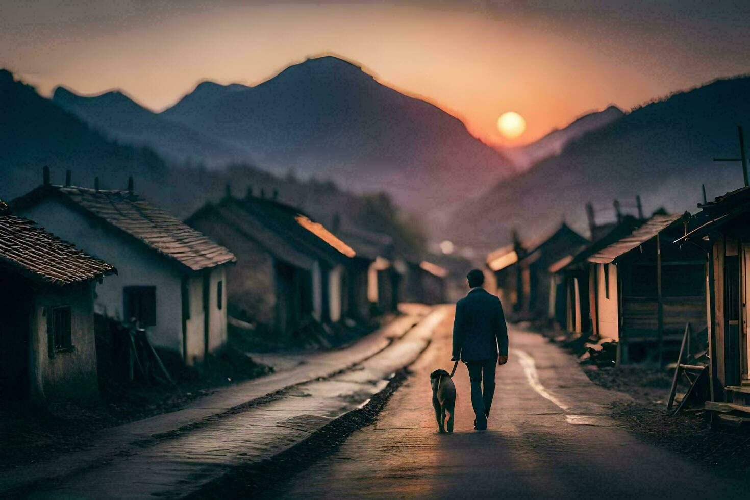 een Mens en zijn hond wandelen naar beneden een weg Bij zonsondergang. ai-gegenereerd foto