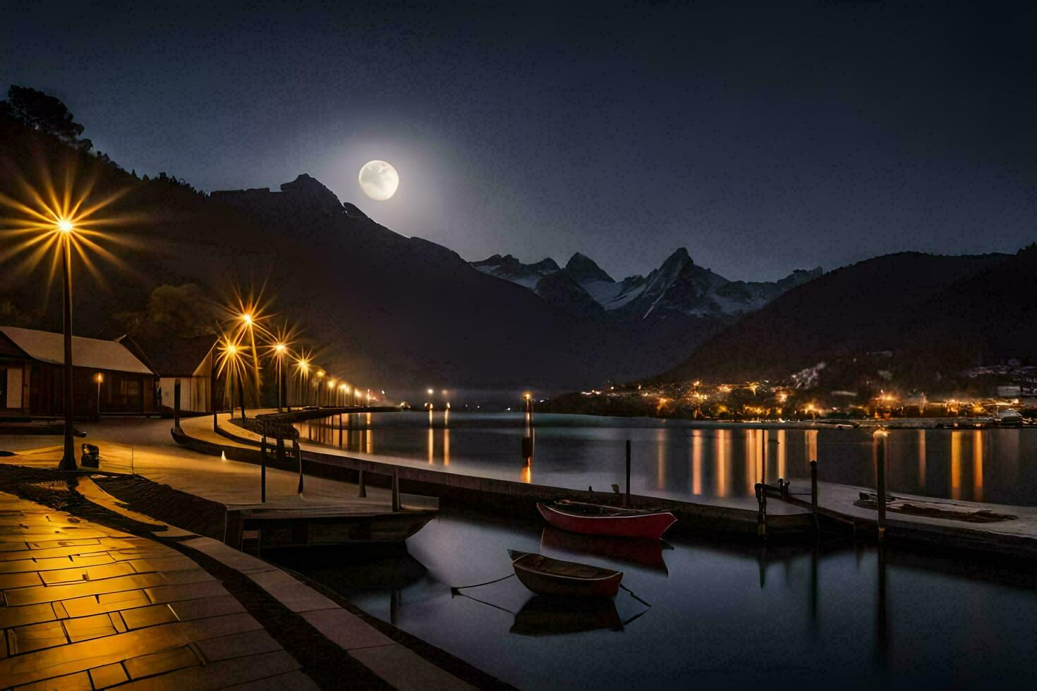 een maanlicht meer met boten en bergen in de achtergrond. ai-gegenereerd foto