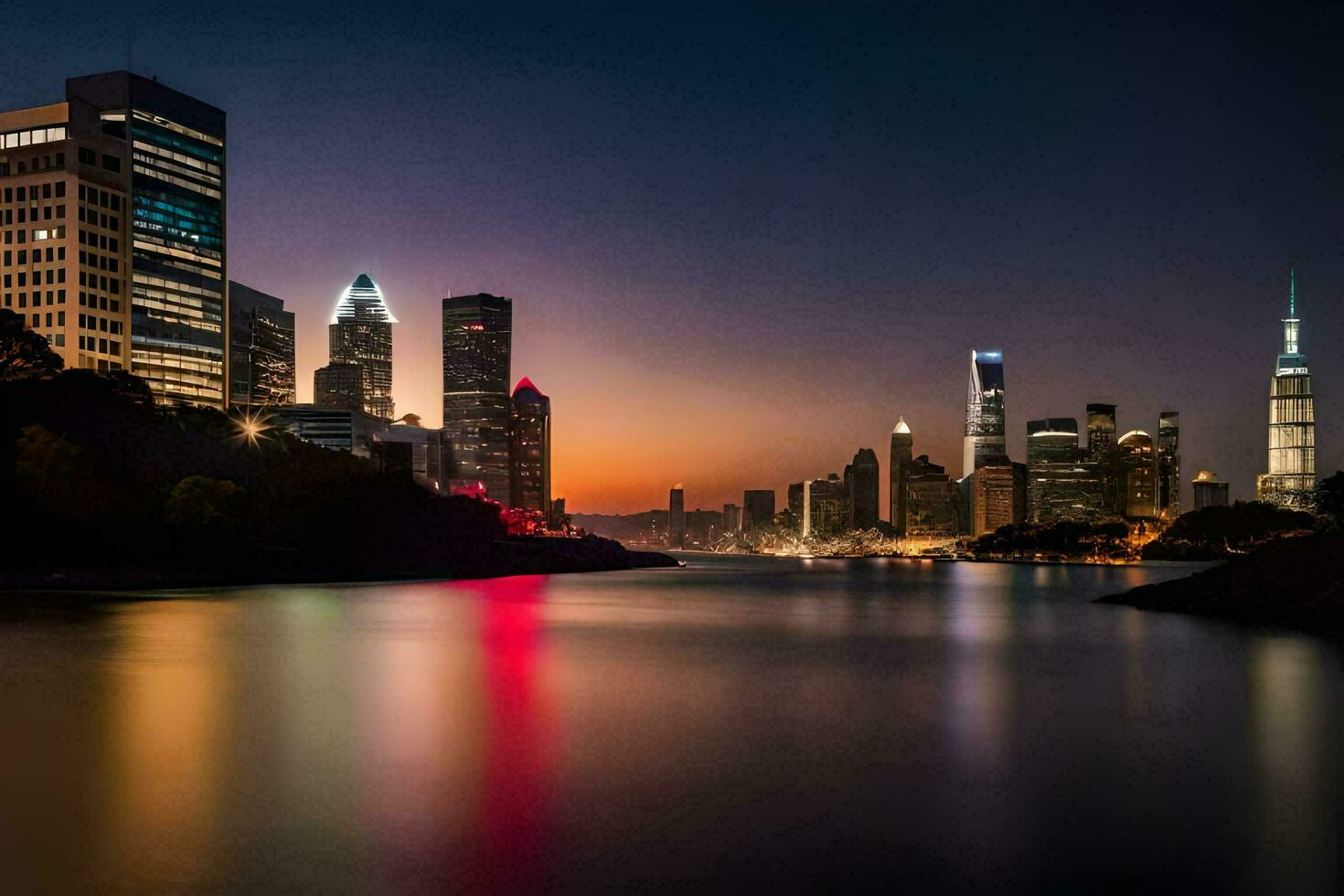 de stad horizon Bij nacht met de rivier- in de voorgrond. ai-gegenereerd foto