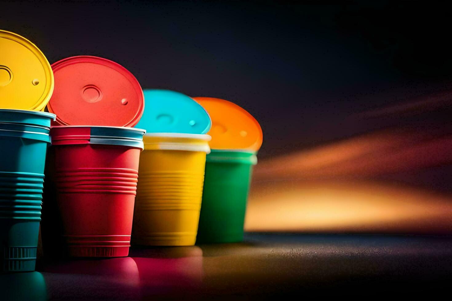 een rij van kleurrijk plastic cups Aan een donker achtergrond. ai-gegenereerd foto