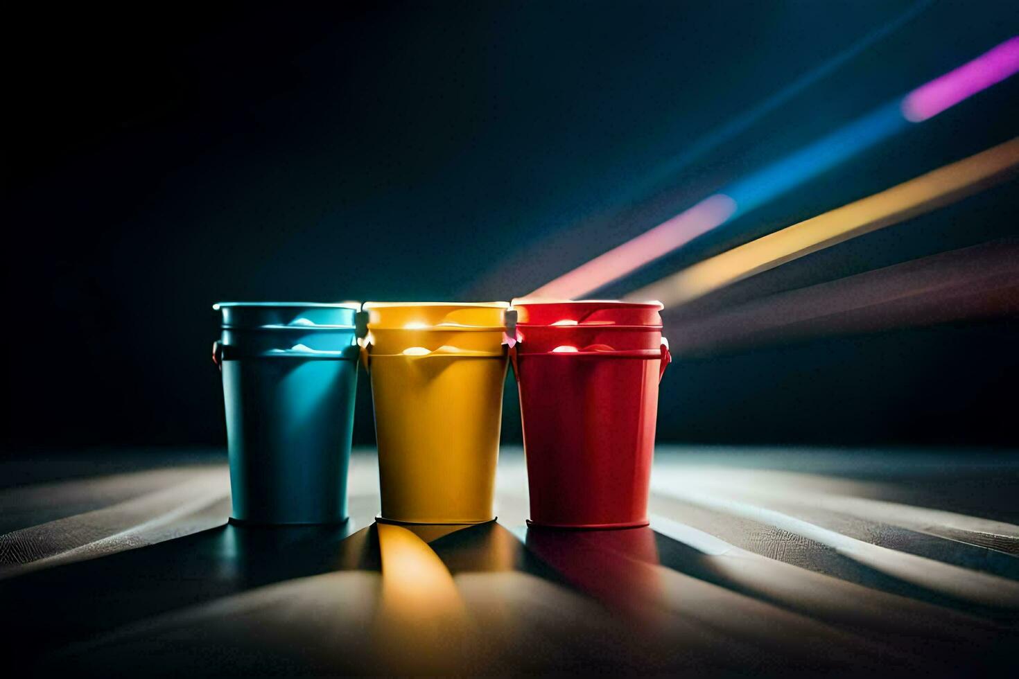 drie kleurrijk plastic cups Aan een donker tafel. ai-gegenereerd foto