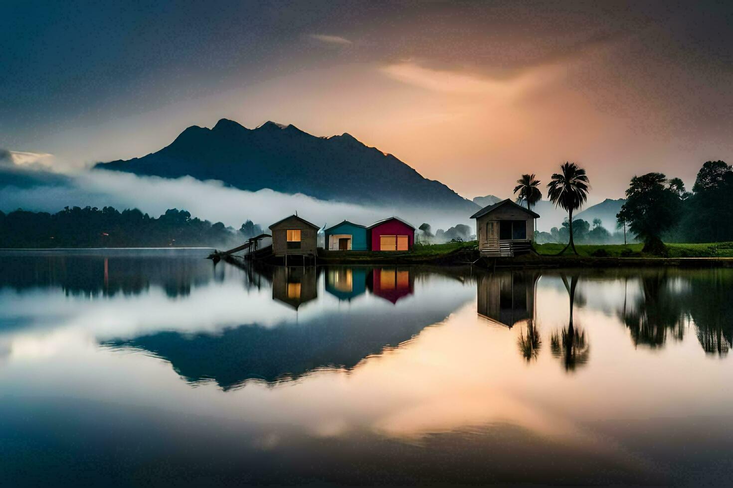 een meer met huizen en bergen in de achtergrond. ai-gegenereerd foto