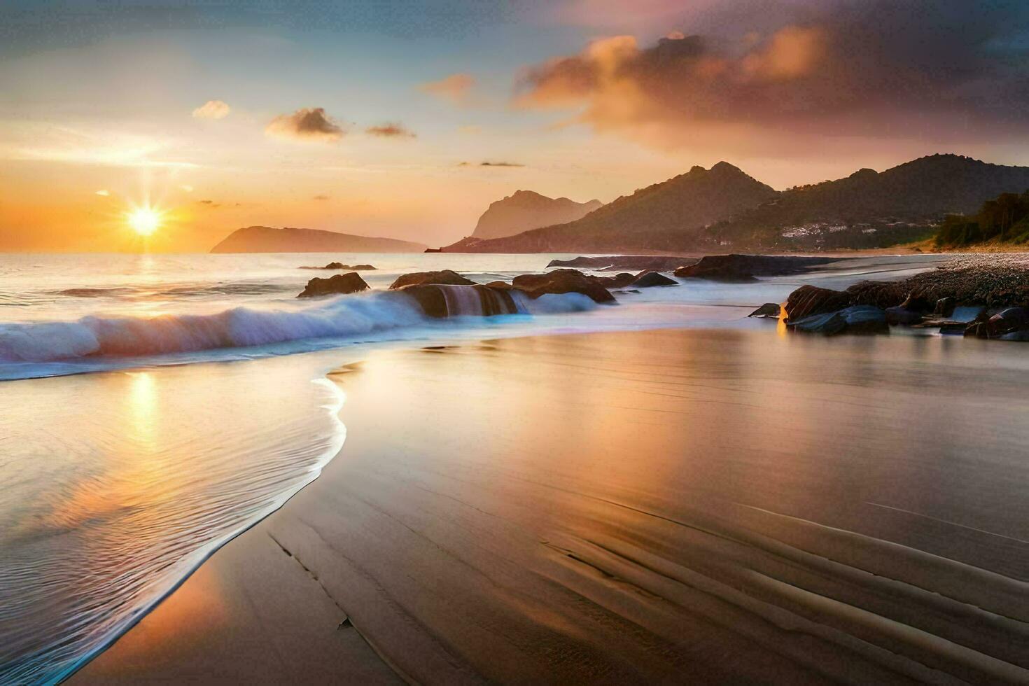 de zon sets over- de oceaan en golven Aan een strand. ai-gegenereerd foto