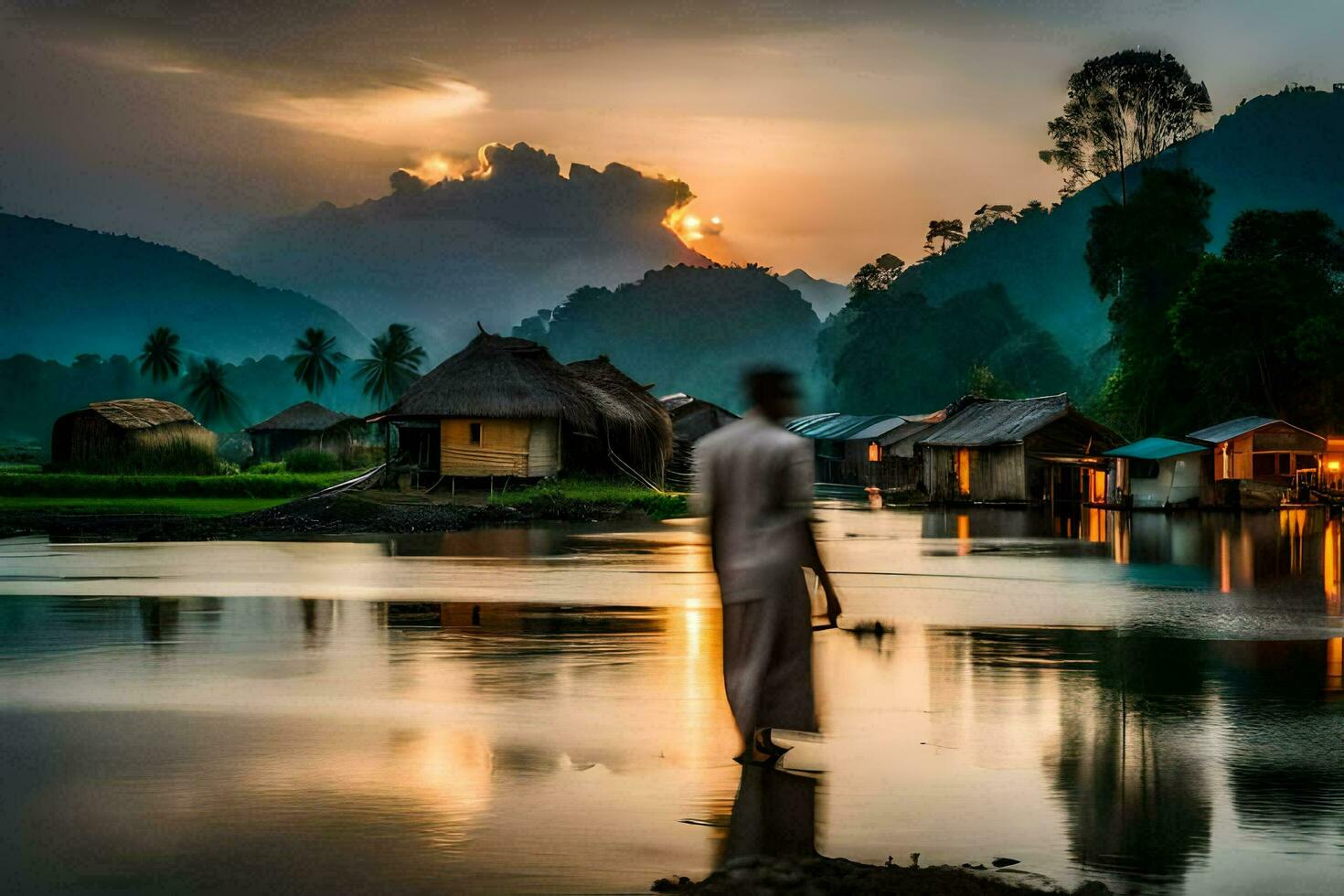 een Mens wandelen aan de overkant de water Bij zonsondergang. ai-gegenereerd foto