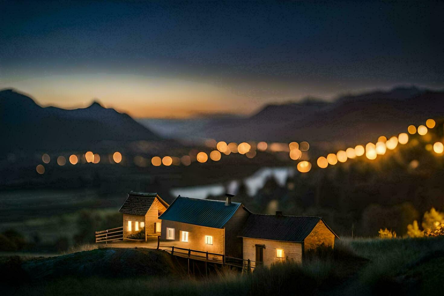 een miniatuur huis in de bergen Bij nacht. ai-gegenereerd foto