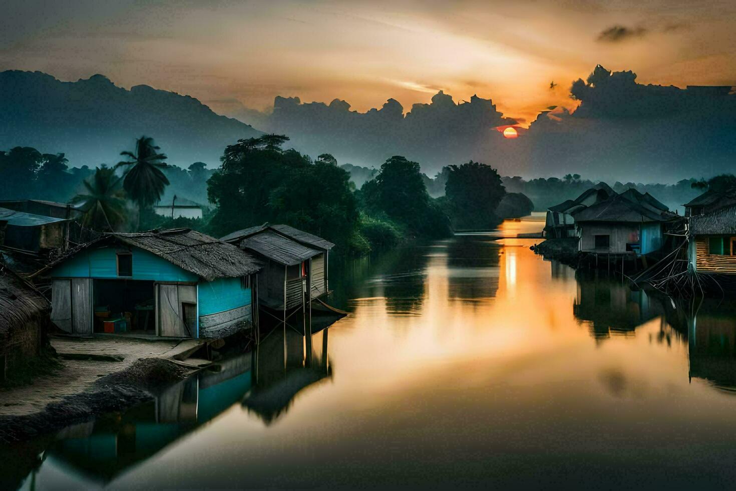 een rivier- in de midden- van een dorp Bij zonsondergang. ai-gegenereerd foto