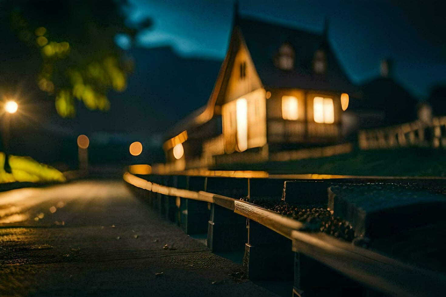 een trein bijhouden Bij nacht met een huis in de achtergrond. ai-gegenereerd foto