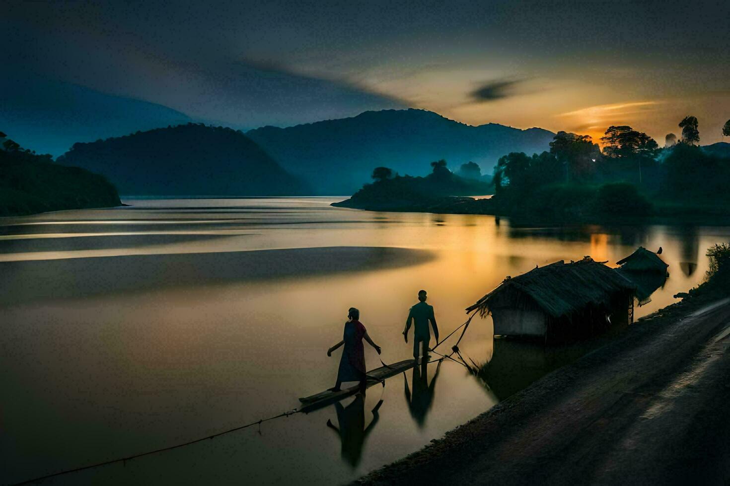 twee mensen wandelen aan de overkant een rivier- Bij zonsondergang. ai-gegenereerd foto