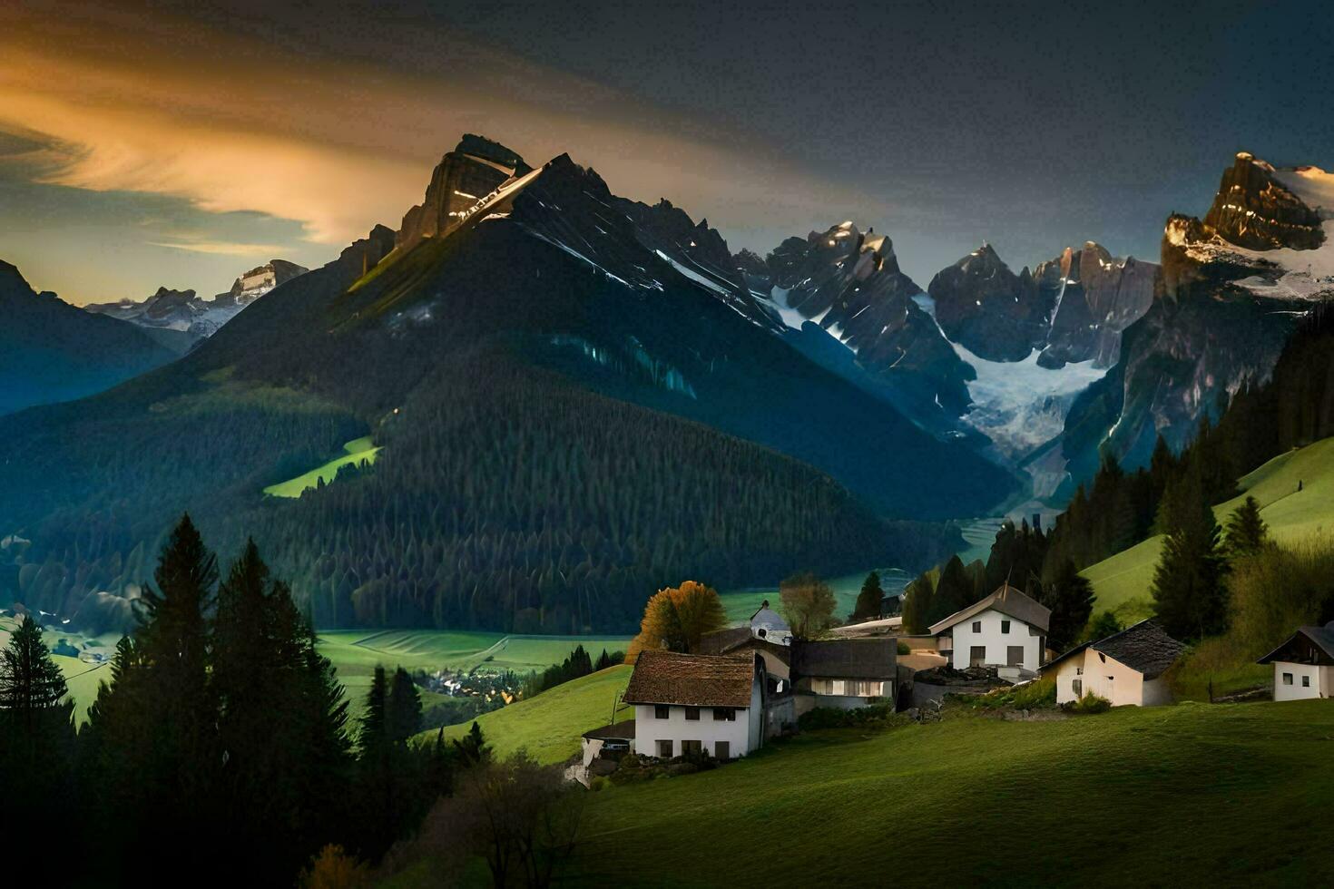 een klein dorp in de bergen met een berg reeks in de achtergrond. ai-gegenereerd foto