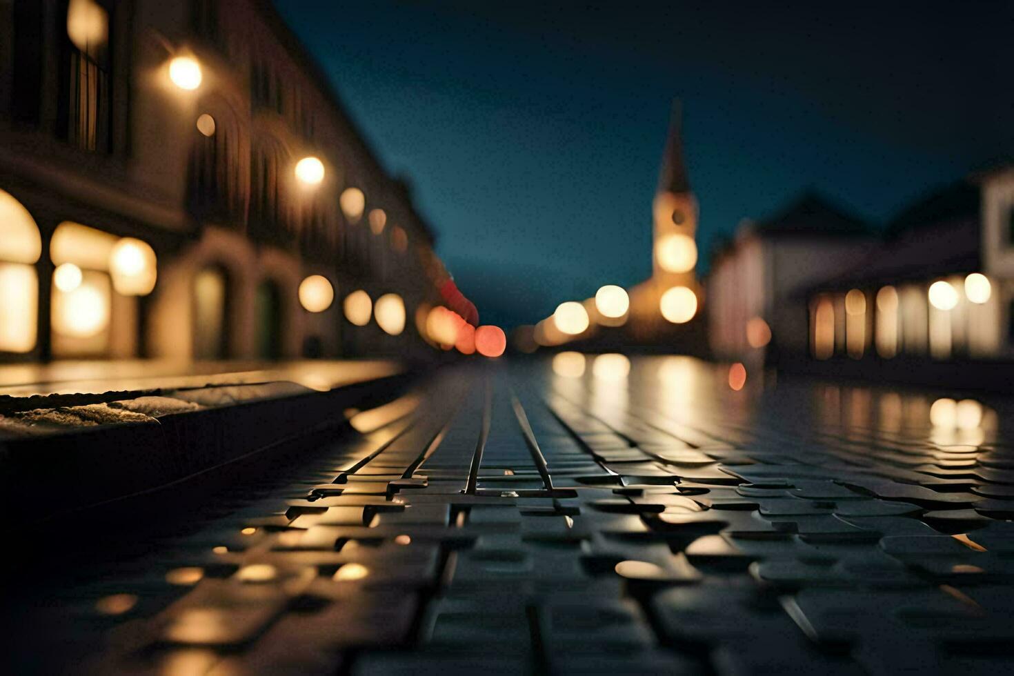 een straat Bij nacht met lichten Aan de gebouwen. ai-gegenereerd foto