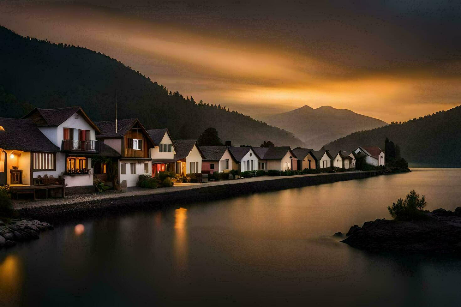 een meer en huizen in de bergen Bij zonsondergang. ai-gegenereerd foto