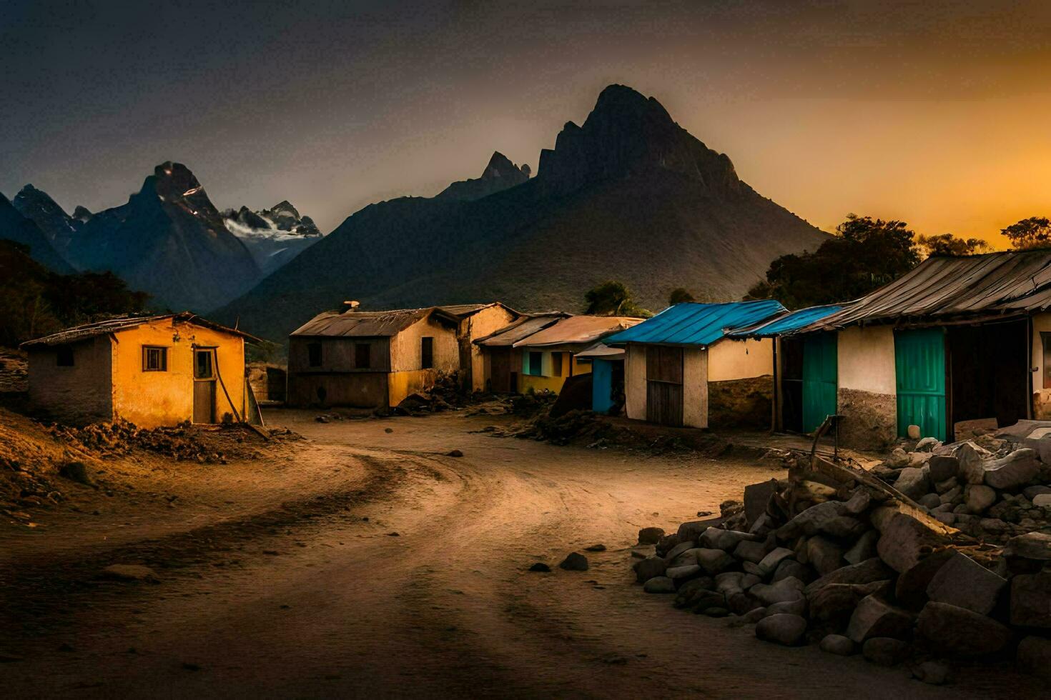 een dorp Bij zonsondergang met bergen in de achtergrond. ai-gegenereerd foto