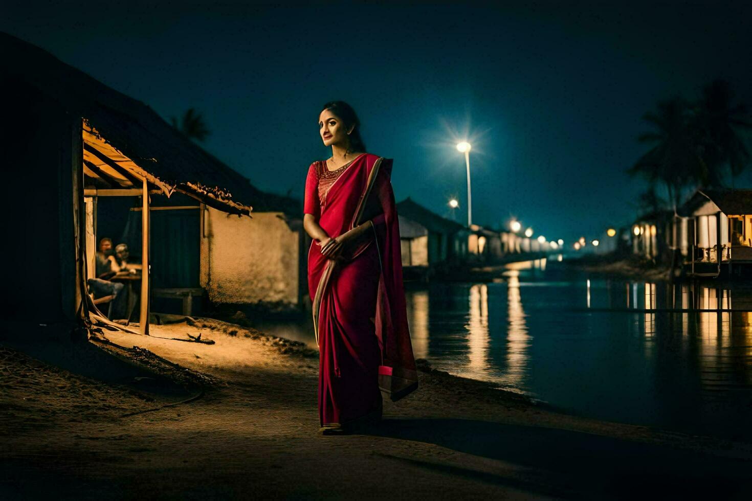 een vrouw in een rood sari staat Aan de kant van een rivier- Bij nacht. ai-gegenereerd foto