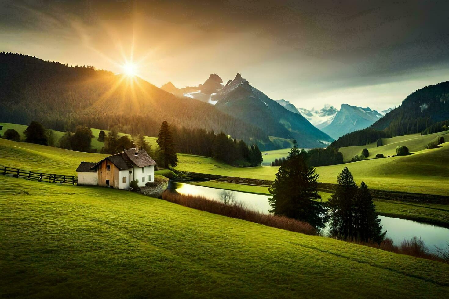 de zon stijgt over- een huis in de bergen. ai-gegenereerd foto