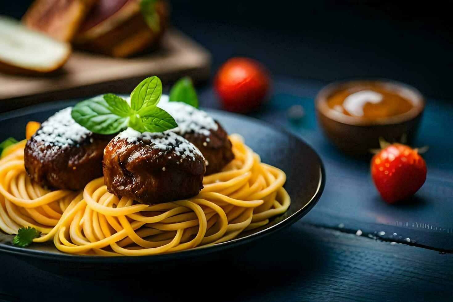 spaghetti met gehaktballen en brood Aan een bord. ai-gegenereerd foto