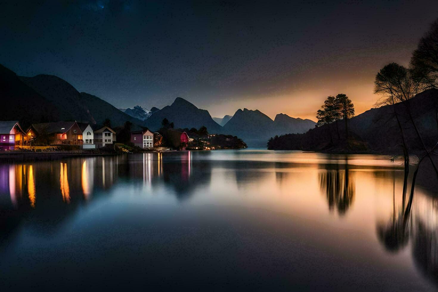 een meer en bergen Bij nacht. ai-gegenereerd foto