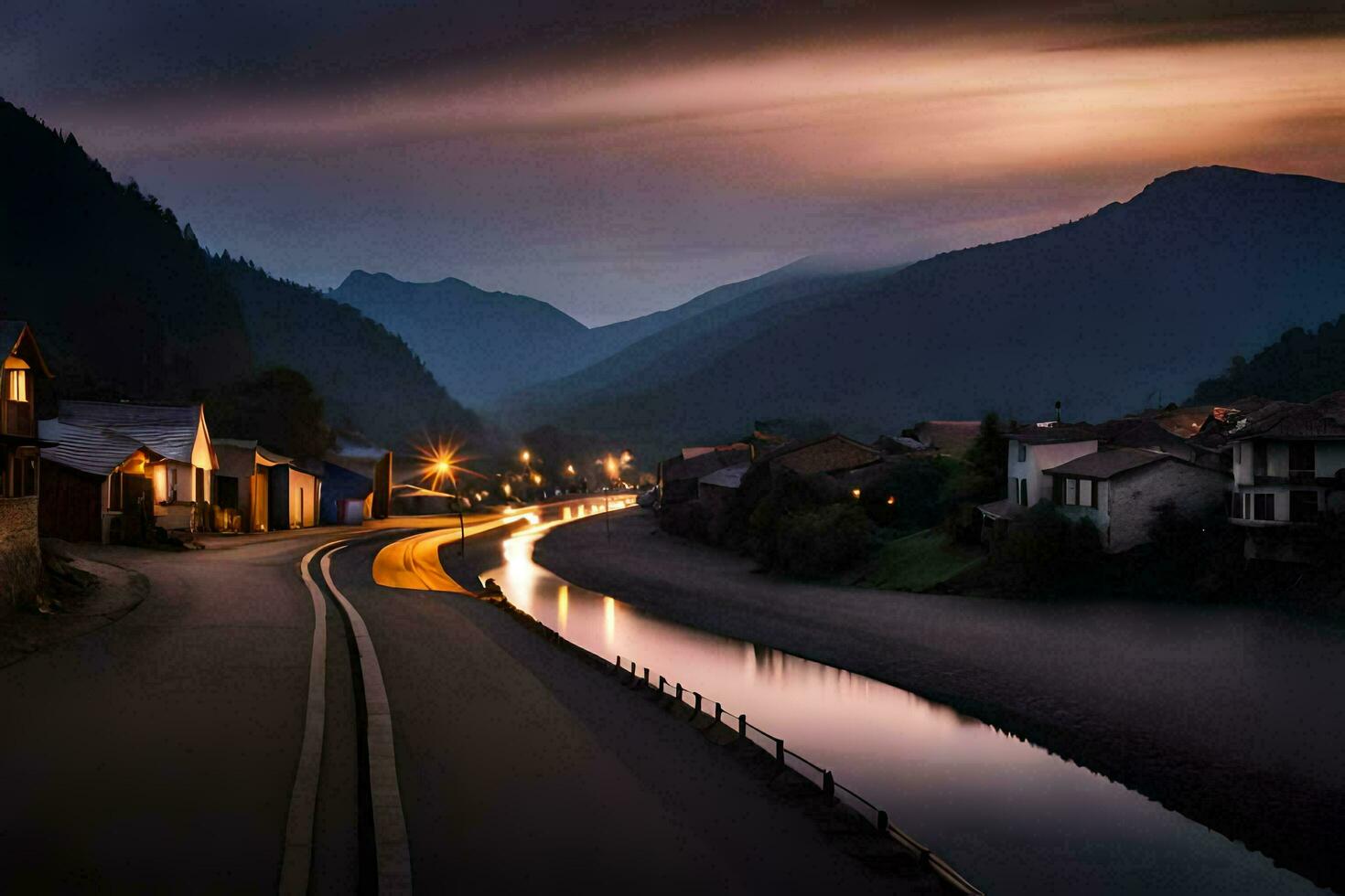 een lang weg in de bergen Bij schemering. ai-gegenereerd foto