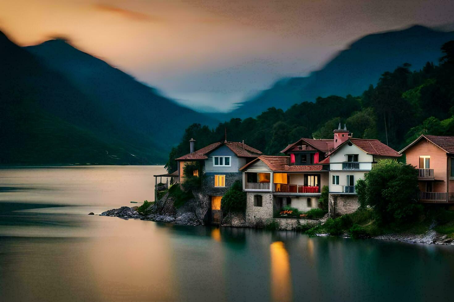 foto behang de lucht, bergen, meer, huizen, de zee, de lucht, de bergen. ai-gegenereerd