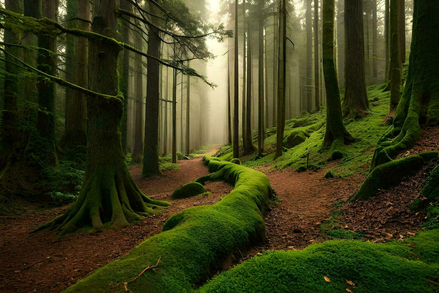 een pad door een Woud met bemost bomen. ai-gegenereerd foto