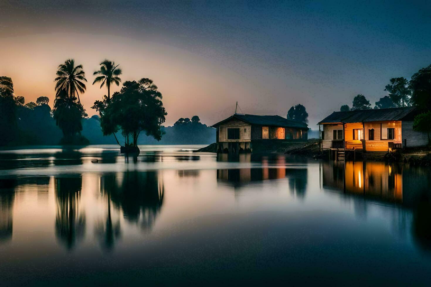 een huis Aan de water Bij zonsondergang met palm bomen. ai-gegenereerd foto