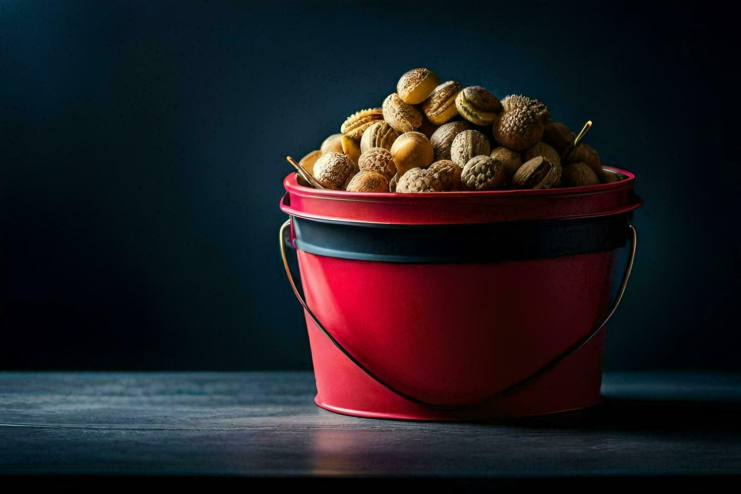 een emmer gevulde met noten Aan een donker tafel. ai-gegenereerd foto