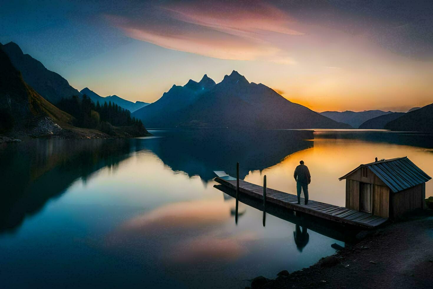 een Mens staat Aan een dok Bij zonsondergang in voorkant van een berg meer. ai-gegenereerd foto