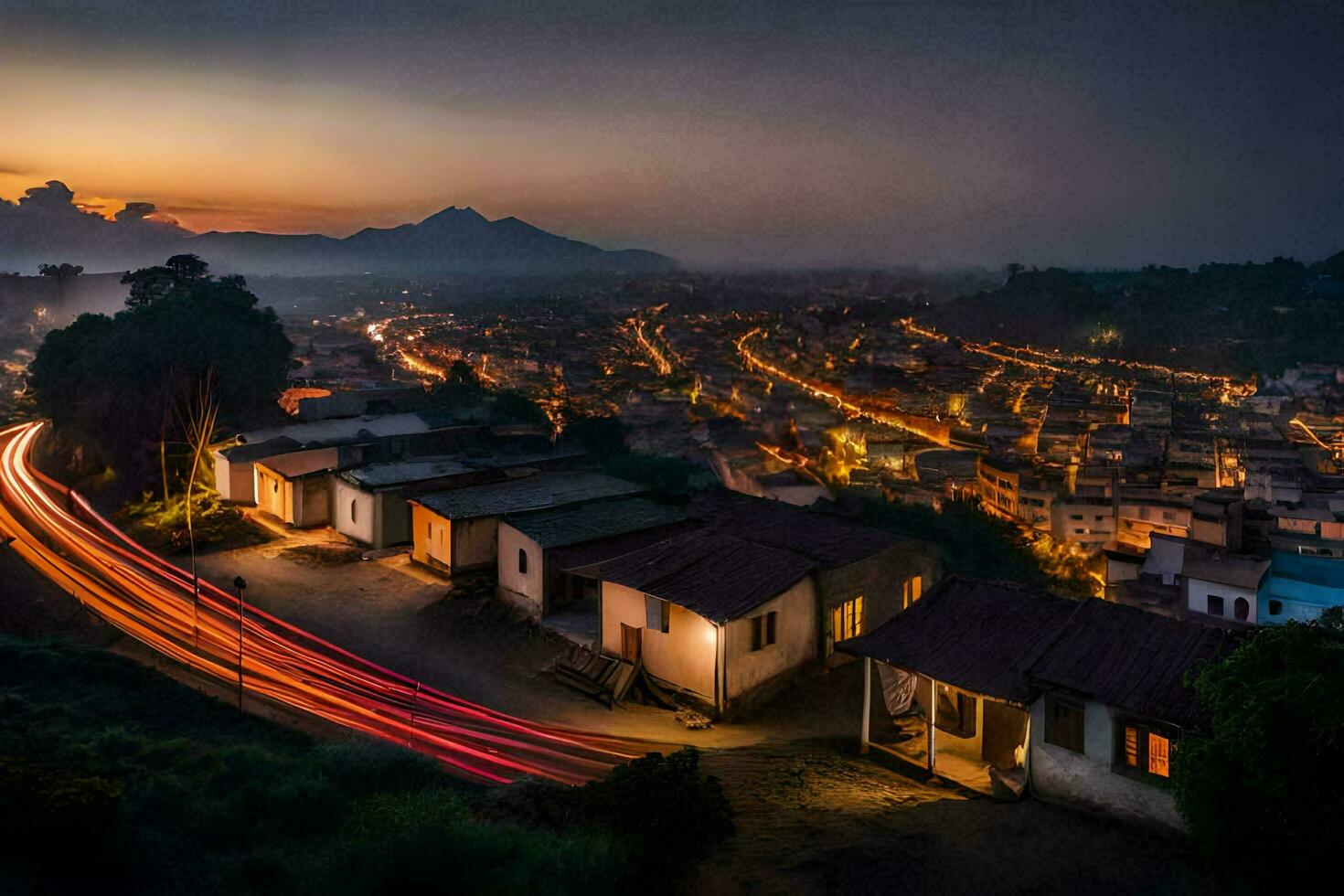 een stad Bij nacht met lichten Aan de straat. ai-gegenereerd foto