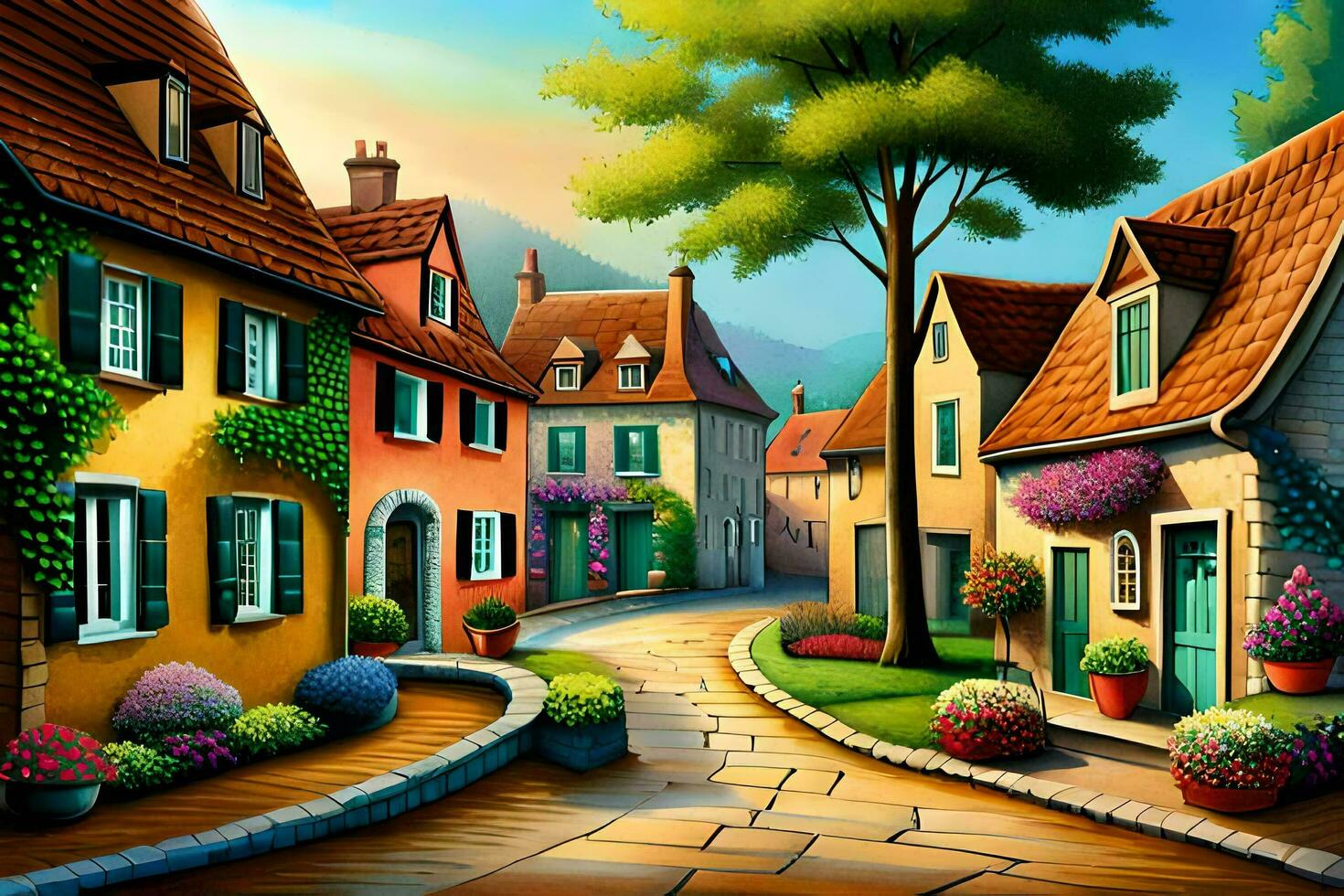 een schilderij van een straat in een klein dorp. ai-gegenereerd foto