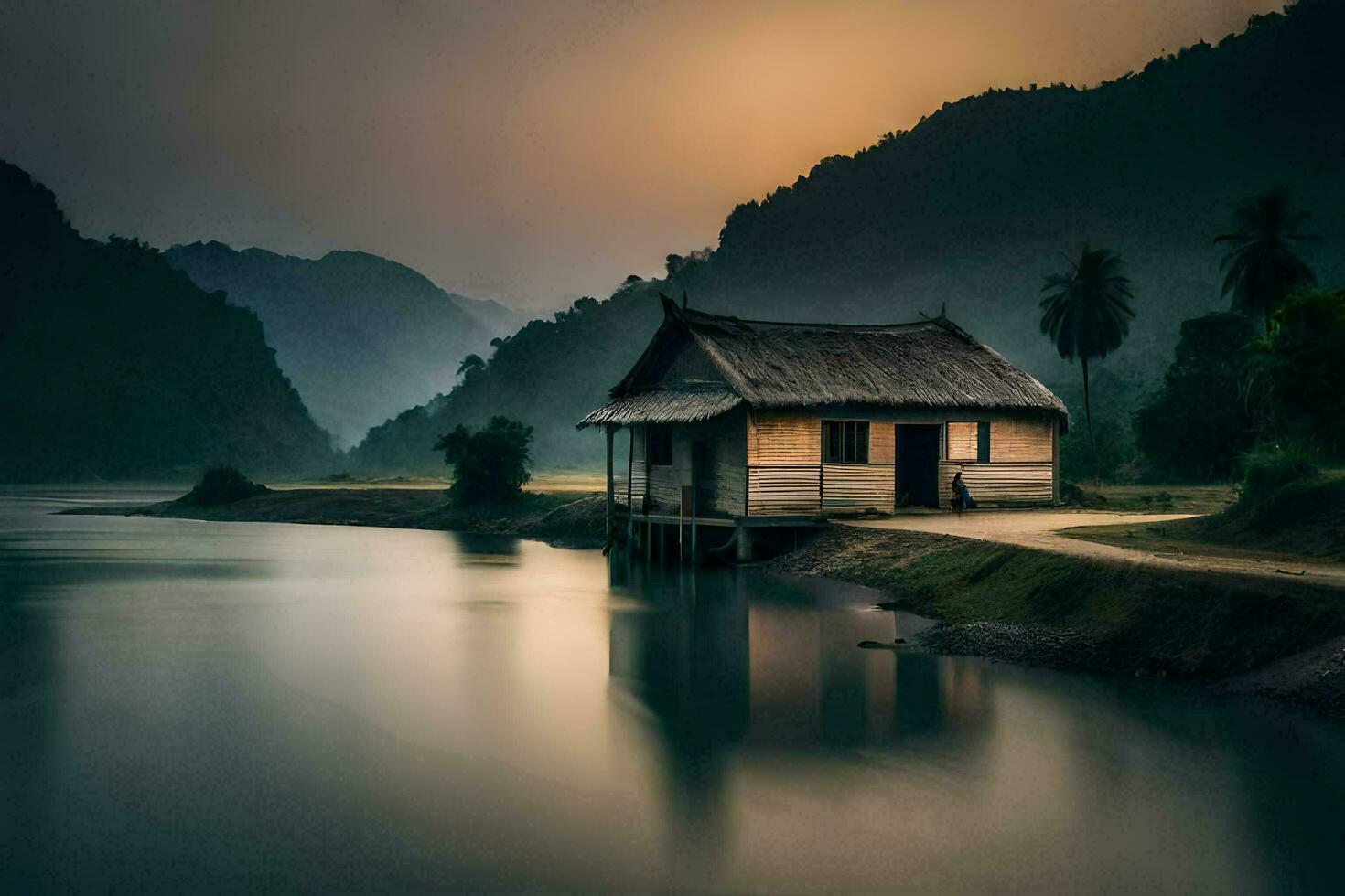 een klein huis zit Aan de kant van een rivier. ai-gegenereerd foto