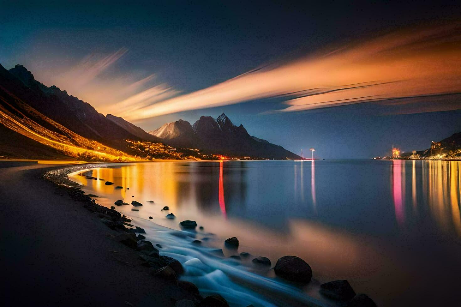 een lang blootstelling fotograaf van een berg reeks en een strand Bij nacht. ai-gegenereerd foto